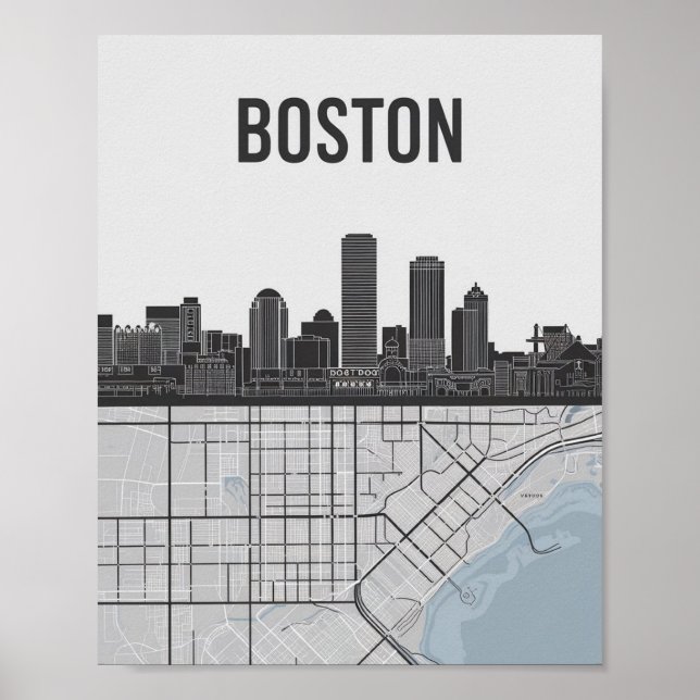 Boston Massachusetts City Skyline With Map Poster (Front)