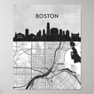 Boston Massachusetts City Skyline With Map Poster