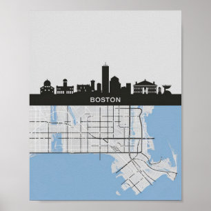 Boston Massachusetts City Skyline With Map Poster