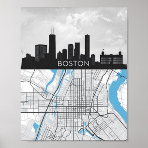 Boston Massachusetts City Skyline With Map Poster