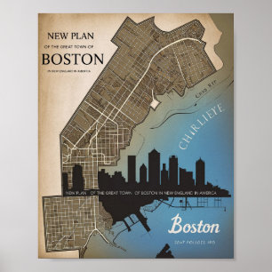 Boston Massachusetts City Skyline With Vintage Map Poster