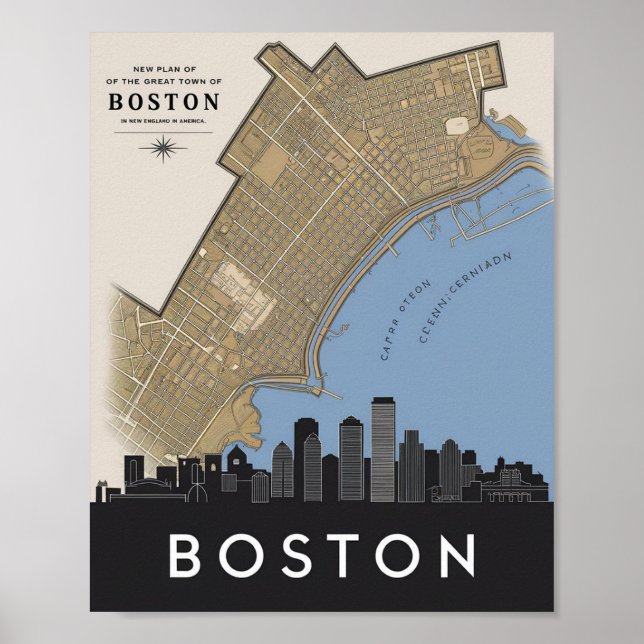 Boston Massachusetts City Skyline With Vintage Map Poster (Front)