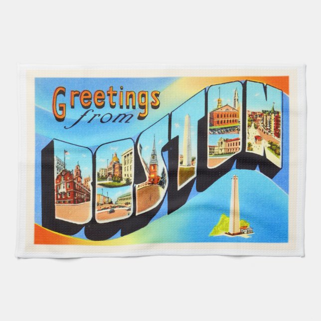 Boston Massachusetts MA Vintage Travel Souvenir Tea Towel (Horizontal)