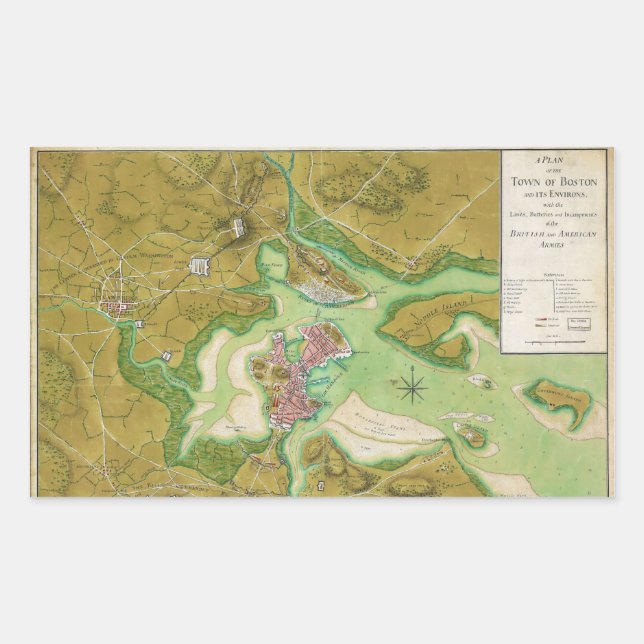 Boston Massachusetts Revolutionary War Map Rectangular Sticker (Front)