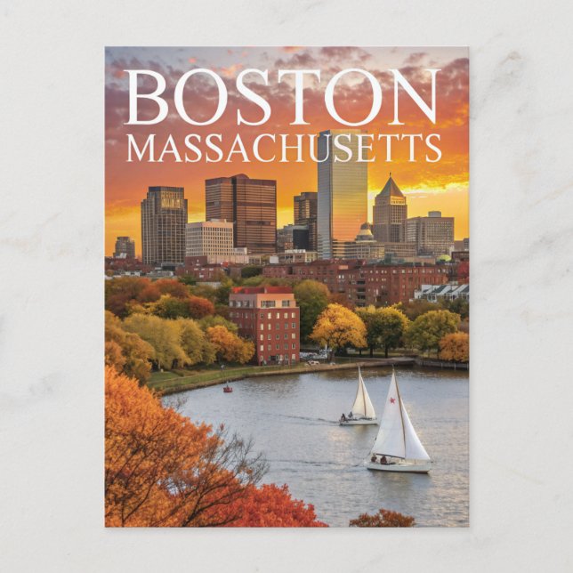 Boston Massachusetts Skyline Autumn Sailboats Post Postcard (Front)