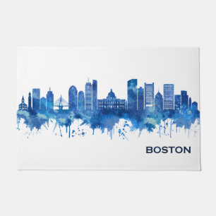 Boston Massachusetts Skyline Blue Doormat