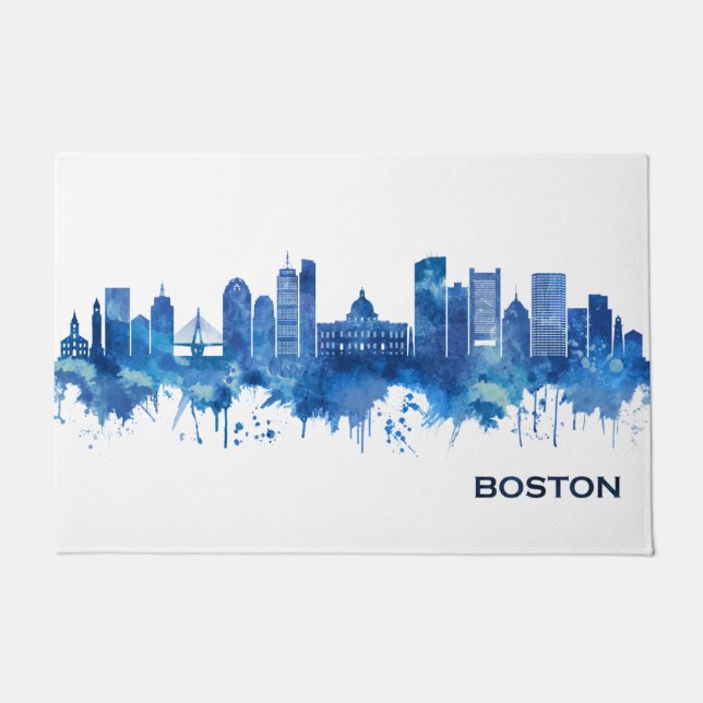 Boston Massachusetts Skyline Blue Doormat (Front)