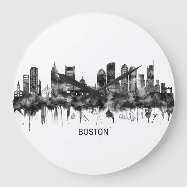 Boston Massachusetts Skyline BW Large Clock (Front)