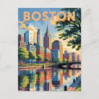 Boston Massachusetts Skyline Travel Art Vintage