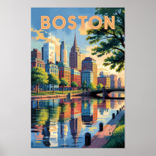 Boston Massachusetts Skyline Travel Art Vintage Poster