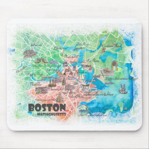 Boston Massachusetts USA Illustrated Map &  roads Mouse Mat