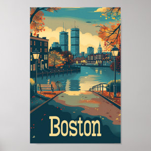 Boston Massachusetts Vintage Travel Illustration Poster