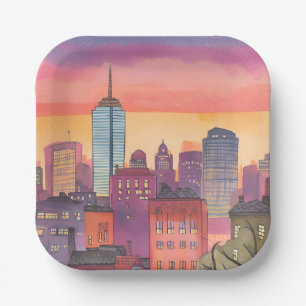 Boston North End Watercolor MA Cityscape Paper Plate