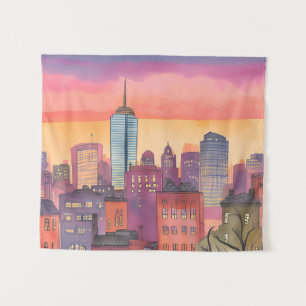 Boston North End   Watercolor MA Cityscape Tapestry
