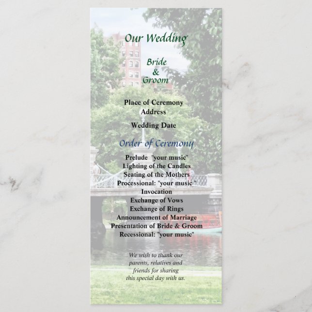 Boston Public Garden Bridge Wedding Program Programme (Front)