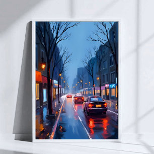 Boston Rain   Downtown City Street Massachusetts Poster
