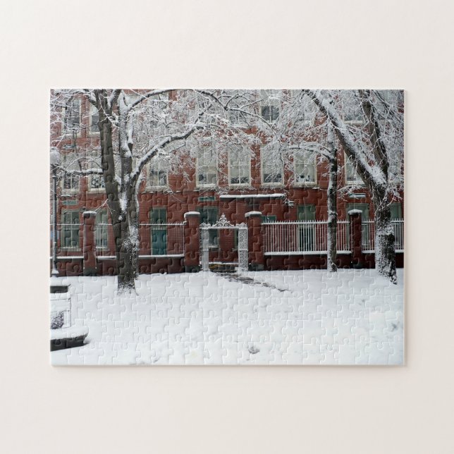 Boston Red Brick School House in Winter Snow Jigsaw Puzzle (Horizontal)