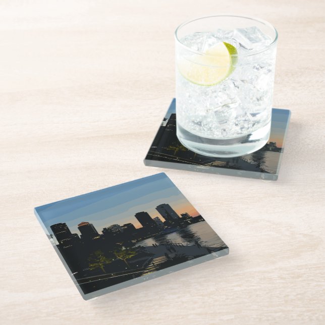 Boston Seaport Sunset City Skyline Glass Coaster (Angled)