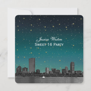 Boston Skyline Blue Starry Etched Sweet 16 Invitation