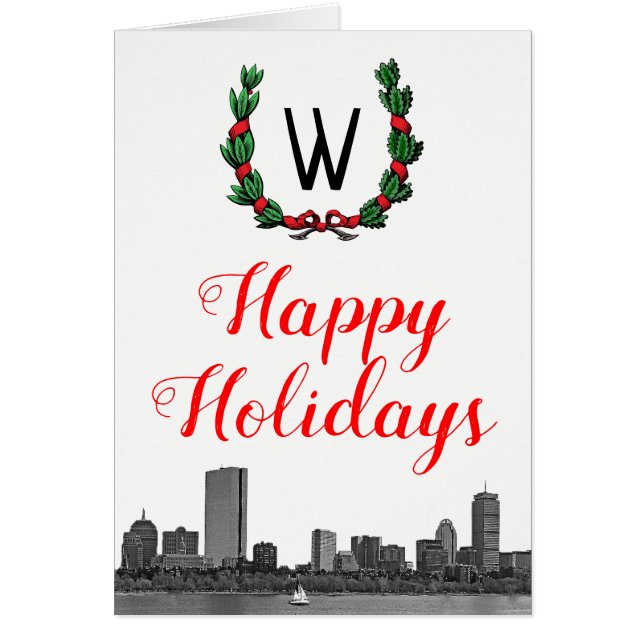 Boston Skyline Christmas Wreath Happy Holidays (Front)
