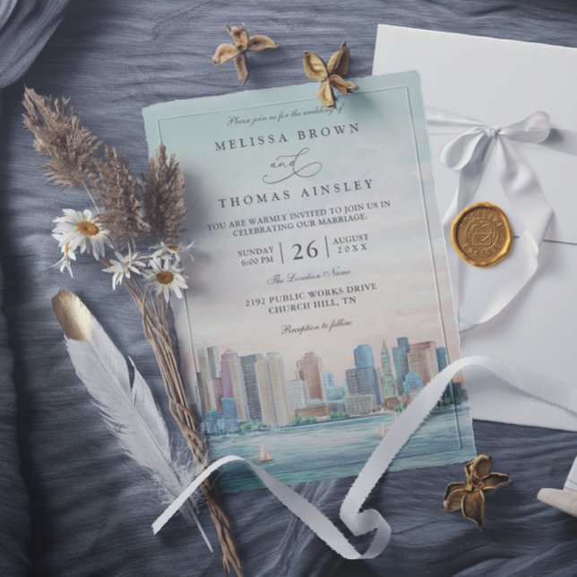 Boston Skyline Destination Elegant Modern Wedding Invitation (Creator Uploaded)