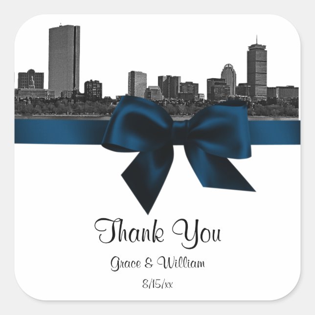 Boston Skyline Etched BW Navy Blue Favour Tag (Front)
