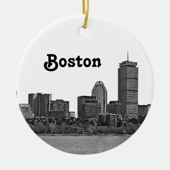 Boston Skyline Etched Ceramic Tree Decoration (Front)
