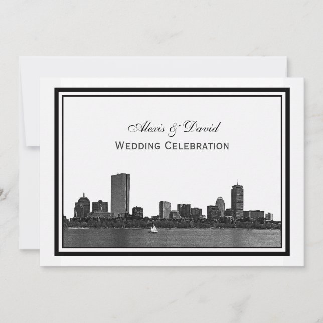 Boston Skyline Etched Framed H Wedding Invitation (Front)