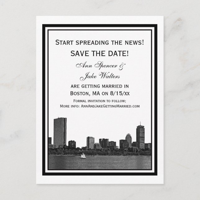 Boston Skyline Etched Framed Save the Date Announcement Postcard (Front)