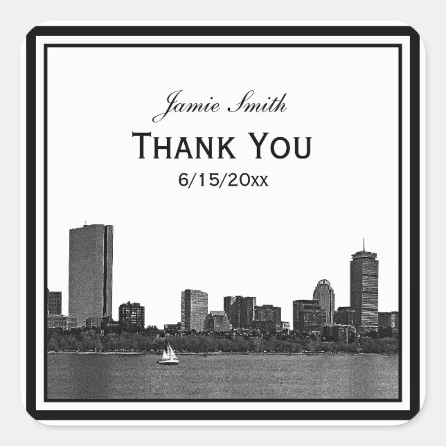 Boston Skyline Etched Framed Thank You Square Sticker (Front)