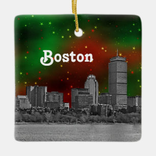 Boston Skyline Etched Green Red Starry Sky Xmas Ceramic Ornament