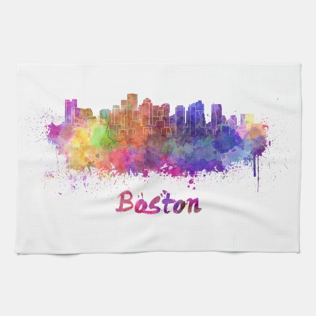 Boston skyline in watercolor tea towel (Horizontal)