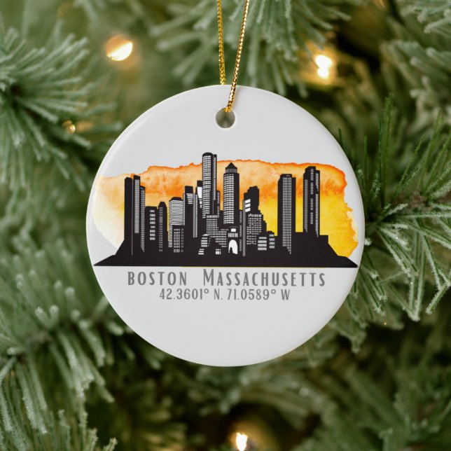 Boston Skyline Latitude and Longitude   Ceramic Tree Decoration (Tree)