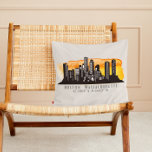 Boston Skyline Latitude and Longitude  Cushion<br><div class="desc">Throw pillow features Boston Massachusetts  city skyline silhouette with sunset watercolor splash and latitude & longitude map coordinates</div>