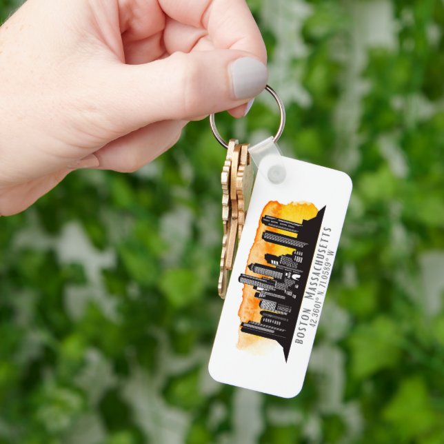 Boston Skyline Latitude and Longitude  Key Ring (Hand)