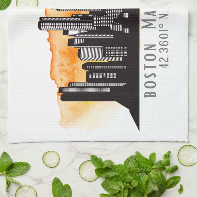Boston Skyline Latitude and Longitude  Tea Towel (Folded)