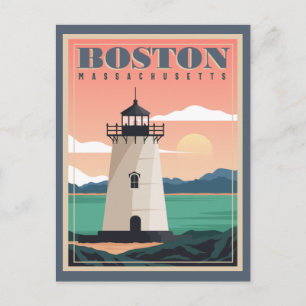 Boston Skyline & Lighthouse   Massachusetts Postcard