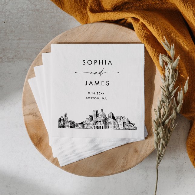 Boston Skyline Modern Wedding Cocktail Napkin (Creator Uploaded)