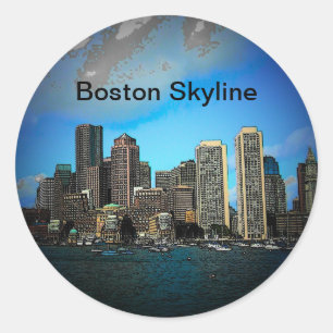 Boston Skyline Photo Art Drawing Classic Round Sticker