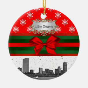 Boston Skyline Red Snowflake Christmas Ceramic Tree Decoration