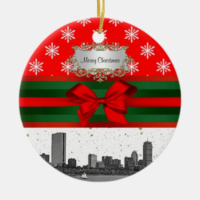 Boston Skyline Red Snowflake Christmas Ceramic Tree Decoration (Front)