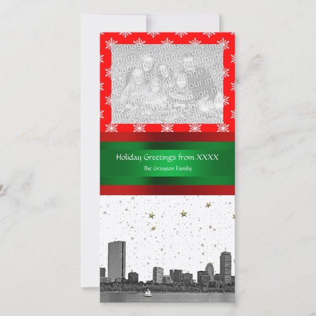 Boston Skyline Red Snowflake Christmas Holiday Card (Front)