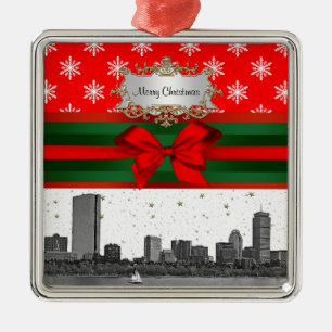 Boston Skyline Red Snowflake Christmas Metal Tree Decoration
