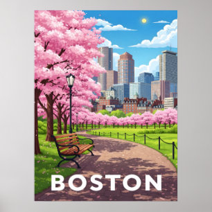Boston skyline under blooming cherry blossoms  poster