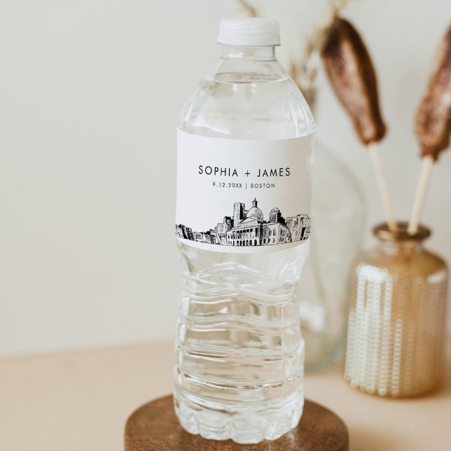 Boston Skyline Wedding Water Bottle Label (Creator Uploaded)