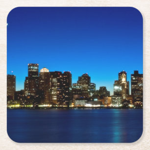 Boston skyline with moon square paper coaster