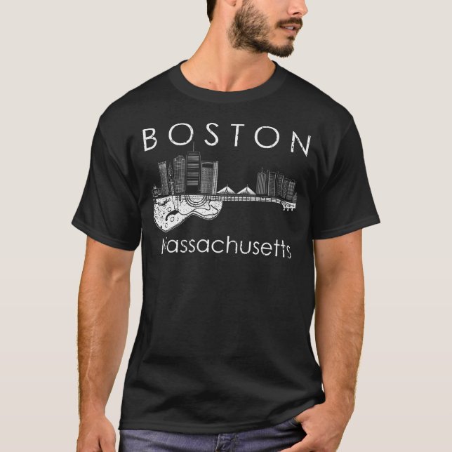 Boston Souvenir Men Massachusetts Skyline Music Gu T-Shirt (Front)