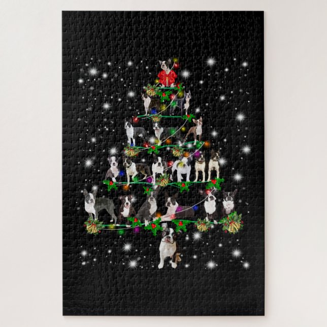 Boston Terrie Christmas Tree Covered By Flashlight Jigsaw Puzzle (Vertical)