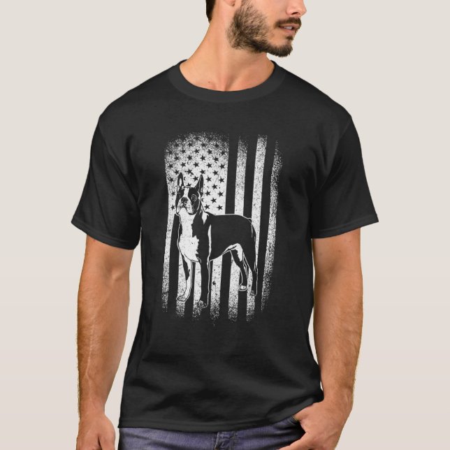 Boston Terrier American Flag Dog Dad Dog Mum T-Shirt (Front)