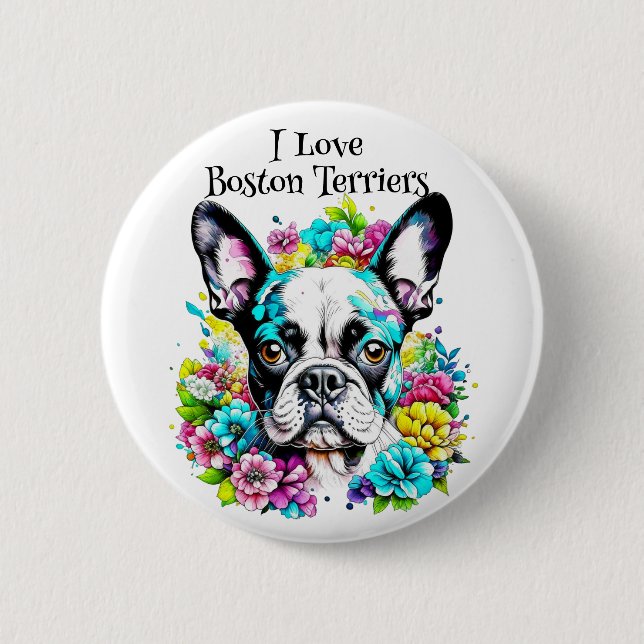 Boston Terrier and Flowers 6 Cm Round Badge (Front)